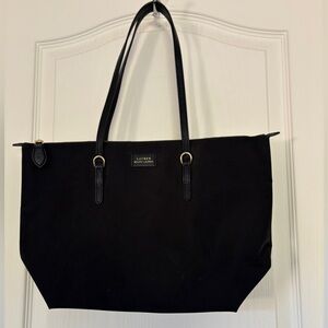 Lauren Ralph Lauren Black Nylon Tote Leather Trim Zip Top Bag